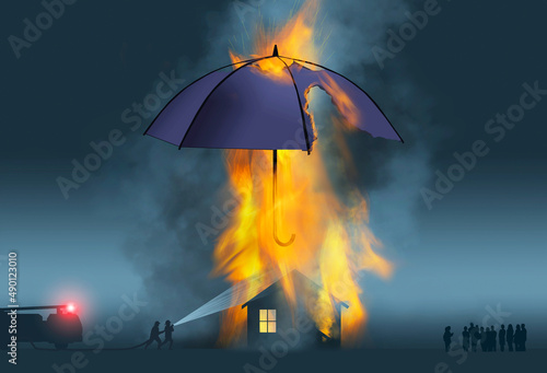 A house fire blazes right through an umbrella that represents insurance coverage in this 3-d illustation about homeowners insurance.