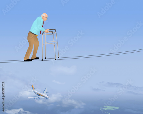 The perils of being old is illustrated with an old man on a high wire made to accomodate his walker. This is a 3-d illustration.