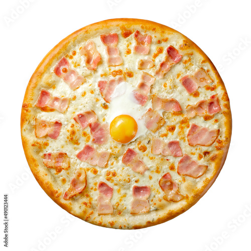 Carbonara pizza with bacon and egg isolated on a white background top view.