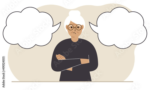 A sad grandmother tries to make the right decision. Left and right empty bubbles. Comparison of the two solutions.