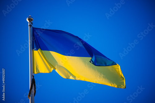 Ukrainian flag waving on blue background
