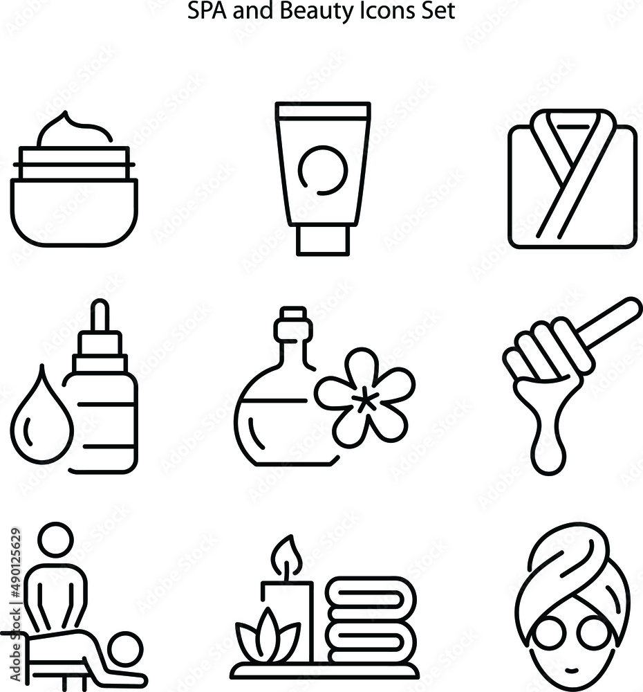 Spa and beauty salon line icons set on white background. linear style  symbols collection, outline signs pack. Spa treatments vector graphics. Set  includes icons as massage therapy, Stock-Vektorgrafik | Adobe Stock