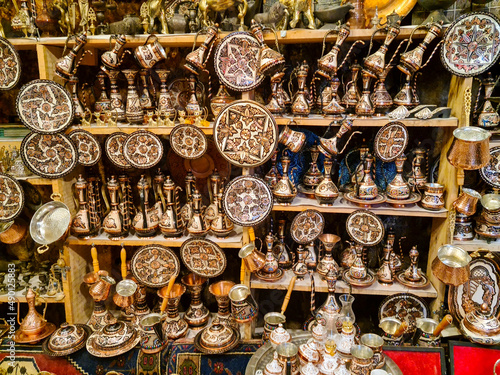 Turkish copper jars on sale at the traditional shop in Cappadocia, Turkey.