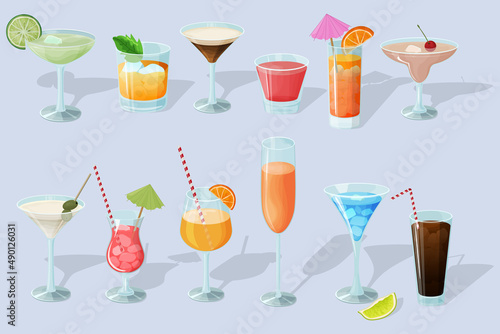 Cocktail set on a light blue background.Alcoholic beverages in glasses and glasses.Daiquiri, martini, margarita, cosmopolitan, Long Island, blue lagoon and Pina colada.Vector illustration.
