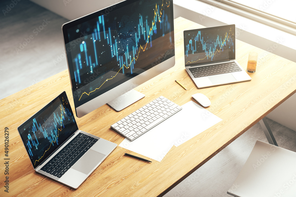 Modern computer display with abstract financial graph, financial and trading concept. 3D Rendering Modern computer display with abstract financial graph, financial and trading concept. 3D Rendering