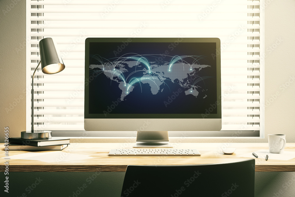 Modern computer monitor with abstract digital world map with connections, research and strategy concept. 3D Rendering Modern computer monitor with abstract digital world map with connections, research and strategy concept. 3D Rendering