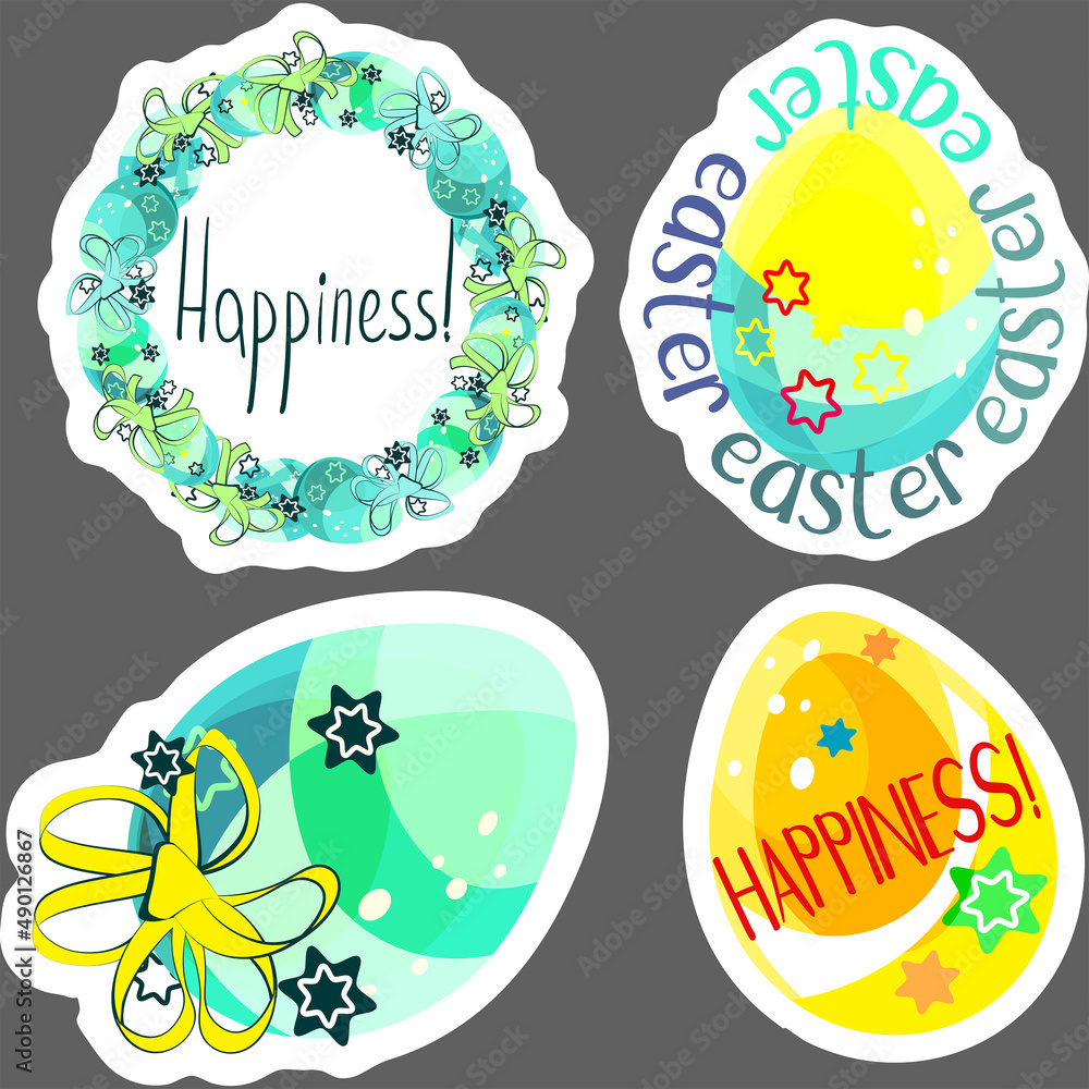 A set of stickers. Easter drawing. Easter eggs. For the feast of the Christian and Catholic Resurrection. Church traditions. Bright colors