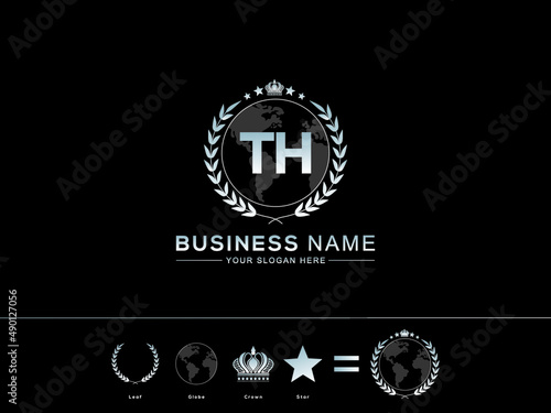 TH Letter Design, Elegant Initial Letter th t h with Modern circle Leaf Globe Royal Crown and Star Logo Image