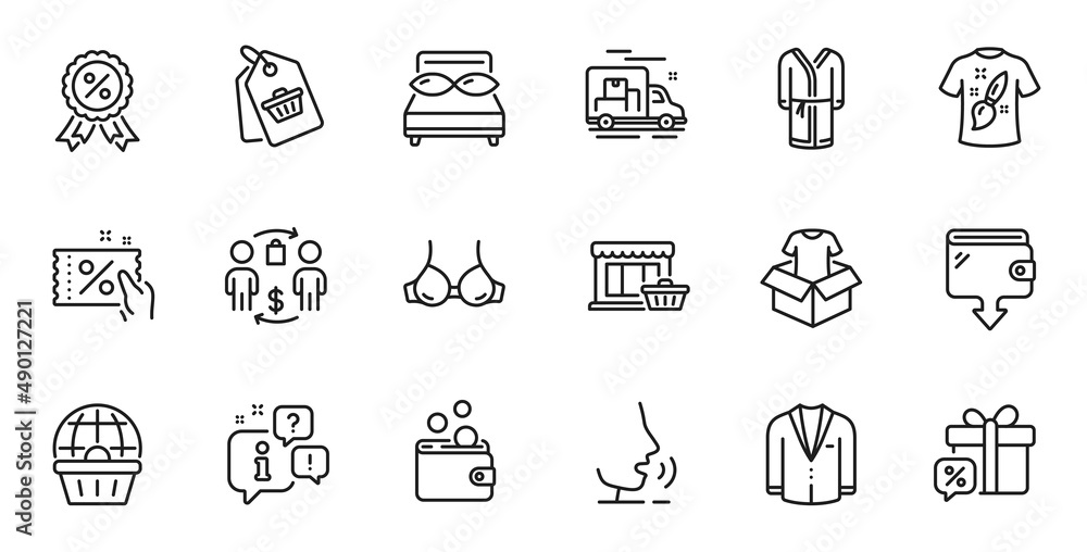 Outline set of Suit, Wallet and Discount medal line icons for web application. Talk, information, delivery truck outline icon. Include Clothing, Online shopping, Bathrobe icons. Vector