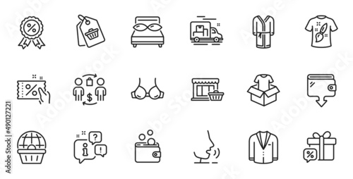Outline set of Suit, Wallet and Discount medal line icons for web application. Talk, information, delivery truck outline icon. Include Clothing, Online shopping, Bathrobe icons. Vector