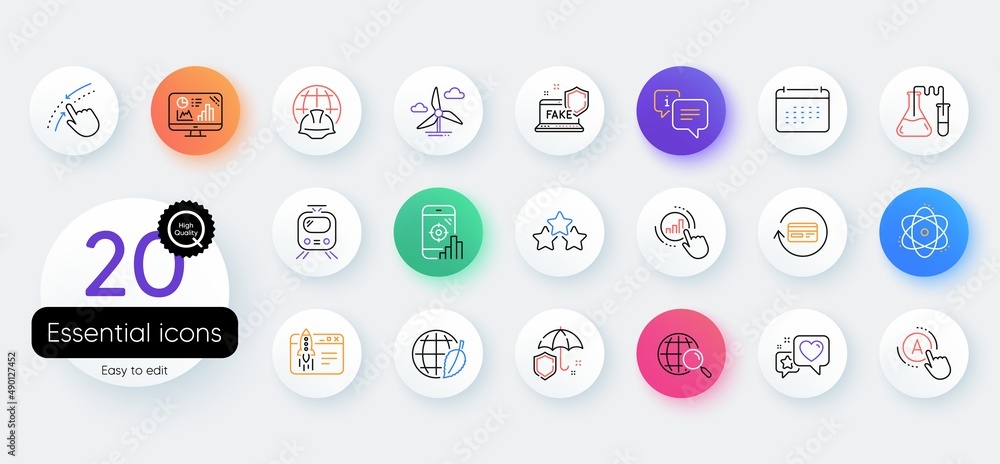 Simple set of Refund commission, Train and Ranking stars line icons. Include Fake internet, Atom, Seo phone icons. Start business, Web search, Calendar web elements. Windmill turbine. Vector Simple set of Refund commission, Train and Ranking stars line icons. Include Fake internet, Atom, Seo phone icons. Start business, Web search, Calendar web elements. Windmill turbine. Vector