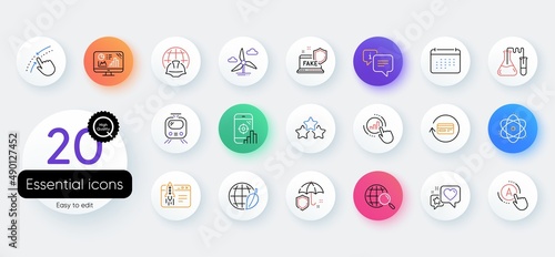 Simple set of Refund commission, Train and Ranking stars line icons. Include Fake internet, Atom, Seo phone icons. Start business, Web search, Calendar web elements. Windmill turbine. Vector