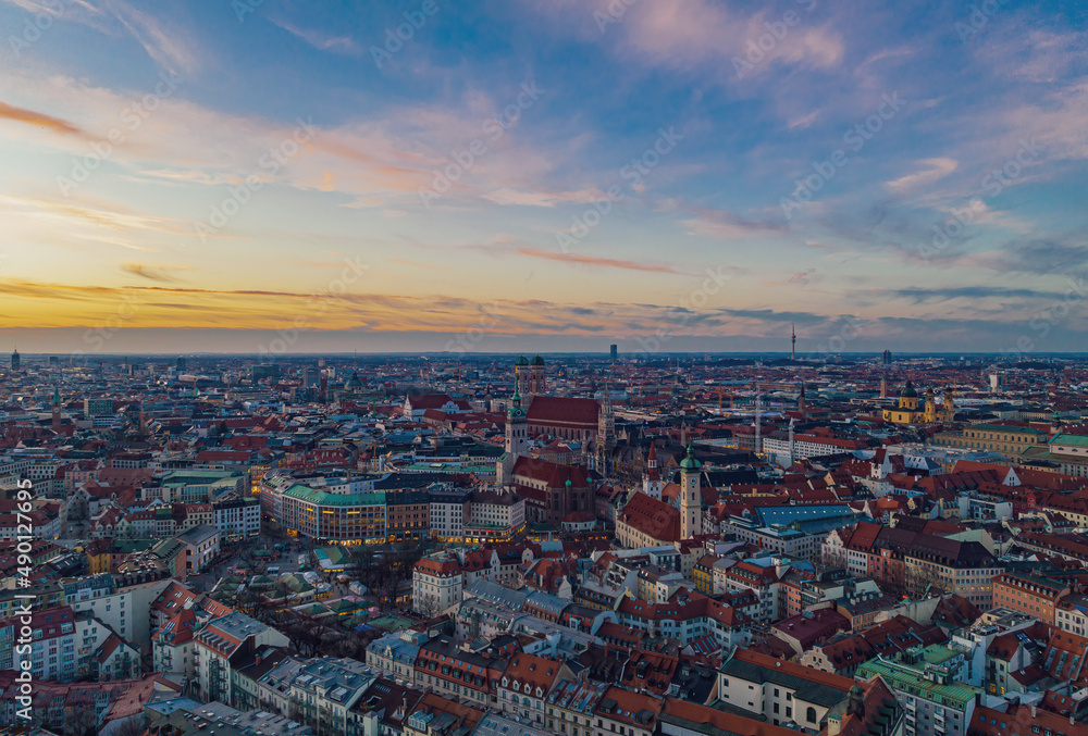 Aerial view of Munich with Frauenkirche and St. Peter's church in the center. Munich, Germany