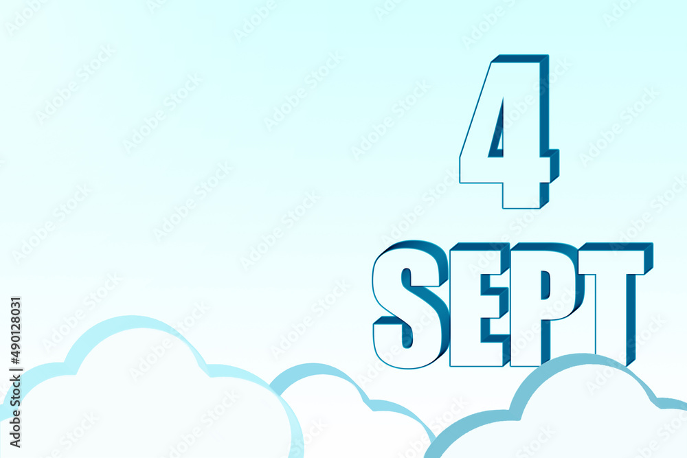 3d calendar with the date of 4 September on blue sky with clouds, copy space. 3D text. Illustration. Minimalism. 3d calendar with the date of 4 September on blue sky with clouds, copy space. 3D text. Illustration. Minimalism.