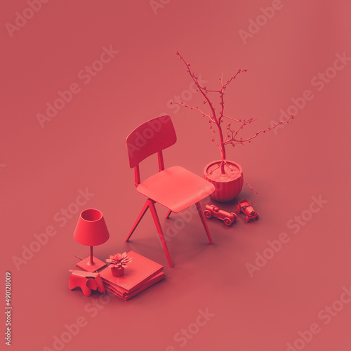 Isometric single chair in a red room. Monochrome single red color chair in livingroom with plant, floor lamp and side table. 3d Rendering