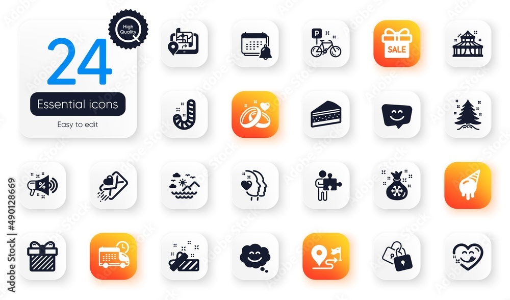 Set of Holidays flat icons. Present, Gps and Surprise elements for web application. Santa sack, Sale offer, Cake icons. Love letter, Smile chat, Circus elements. Bike, Delivery, Heart. Vector Set of Holidays flat icons. Present, Gps and Surprise elements for web application. Santa sack, Sale offer, Cake icons. Love letter, Smile chat, Circus elements. Bike, Delivery, Heart. Vector