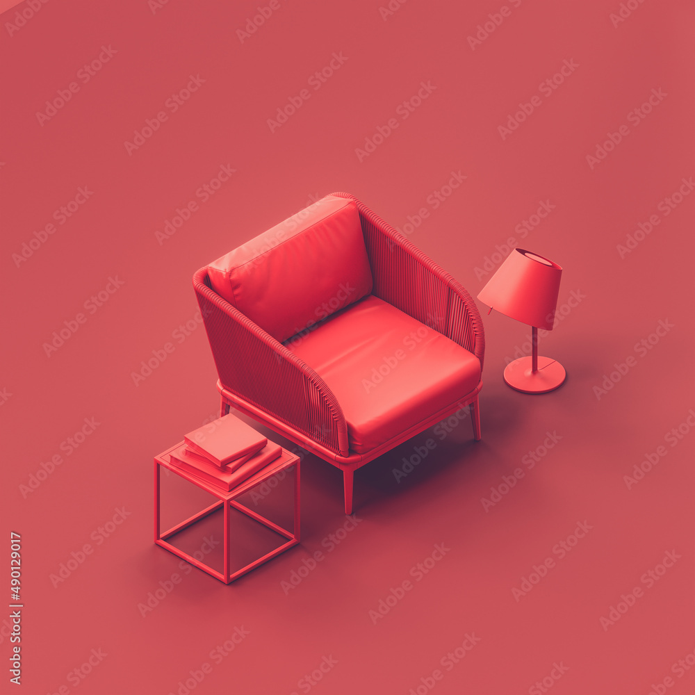 Obraz premium Isometric single armchair in a red room. Monochrome single red color armchair in livingroom with plant, floor lamp and side table. 3d Rendering