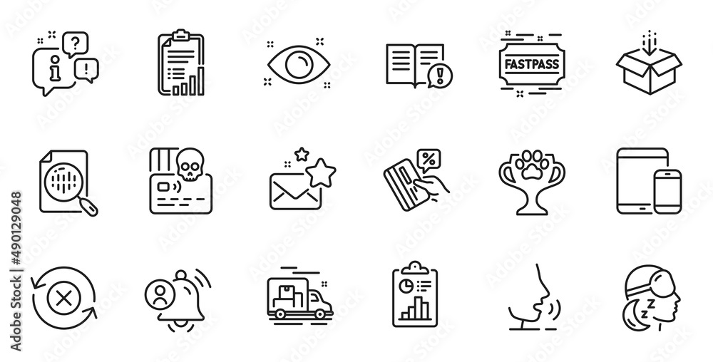 Outline set of Mobile devices, Fastpass and Health eye line icons for web application. Talk, information, delivery truck outline icon. Include Credit card, Report, User notification icons. Vector Outline set of Mobile devices, Fastpass and Health eye line icons for web application. Talk, information, delivery truck outline icon. Include Credit card, Report, User notification icons. Vector