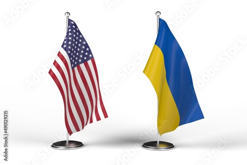 3d rendering two flags Ukraine USA America negotiations, war, peace, conflict, aggression, friendship, summit
