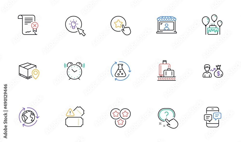 Stars, Energy and Sallary line icons for website, printing. Collection of Loyalty star, Alarm clock, Tickets icons. Reject certificate, Question button, Parcel tracking web elements. Vector
