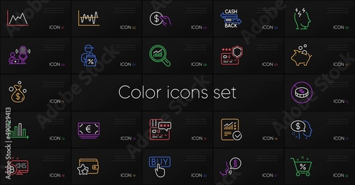 Set of Piggy bank, Payment and Delivery discount line icons. Include Money bag, Stock analysis, Diagram graph icons. Loan percent, Cashback card, Pay web elements. Card, No cash. Vector