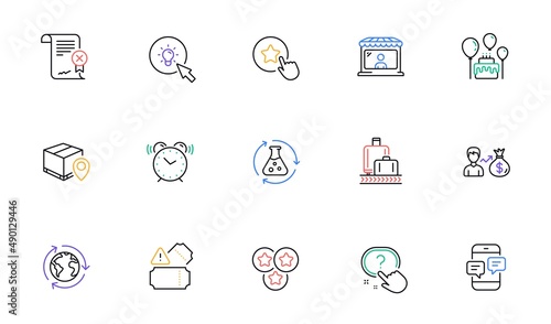 Fototapeta Naklejka Na Ścianę i Meble -  Stars, Energy and Sallary line icons for website, printing. Collection of Loyalty star, Alarm clock, Tickets icons. Reject certificate, Question button, Parcel tracking web elements. Vector