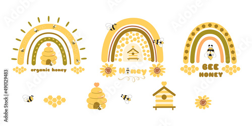 Honey rainbow bee set. Cute yellow rainbows, honey jar, bee, sweet honey beekeeping graphic element isolated. Cute bee honey organic logo. Vector illustration design. Summer bee rainbow design.