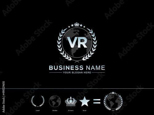 Abstract VR Logo Image, Premium letter vr logo design Simple circle Leaf Globe Royal Crown and Star Logo Icon vector stock