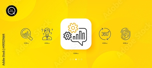 360 degrees, Support consultant and Fingerprint minimal line icons. Yellow abstract background. Seo analysis, Cogwheel icons. For web, application, printing. Vector