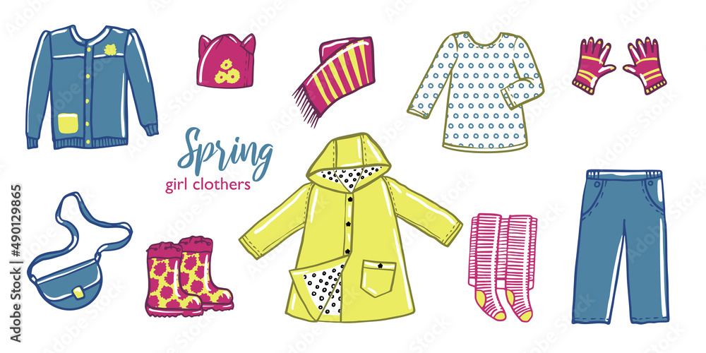 Girl seasonal spring, fall clothes collection. Raincoat, pants, shirt,  rubber boots, hat, scarf, gloves, tights. Kids outfits vector doodle  illustration set isolated on white background. Stock Vector