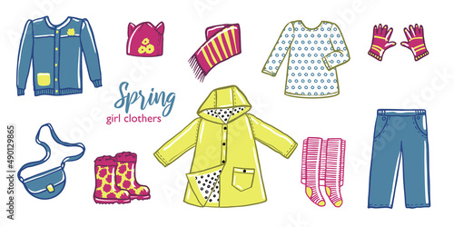 Girl seasonal  spring,  fall  clothes collection. Raincoat, pants, shirt, rubber boots, hat, scarf, gloves, tights. Kids outfits vector doodle illustration set isolated on white background.  