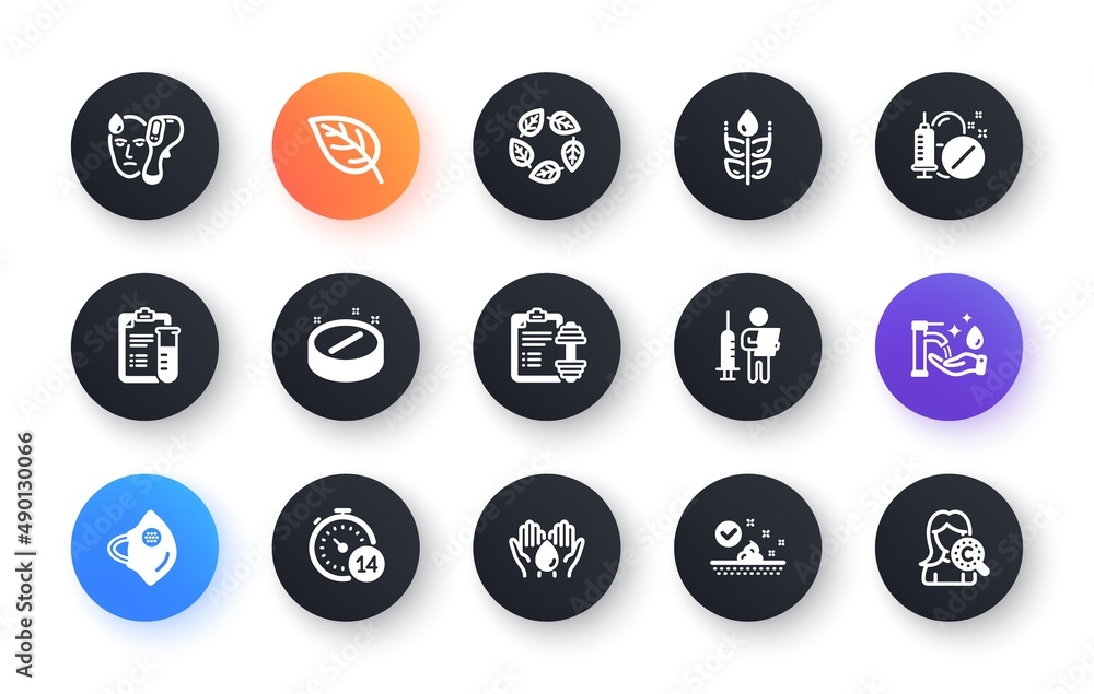 Minimal set of Medical mask, Organic tested and Vaccination announcement flat icons for web development. Medical tablet, Gluten free, Quarantine icons. Dumbbell, Wash hands. Vector
