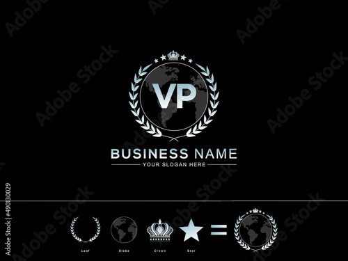 Abstract VP Logo Image, Premium letter vp logo design Simple circle Leaf Globe Royal Crown and Star Logo Icon vector stock photo