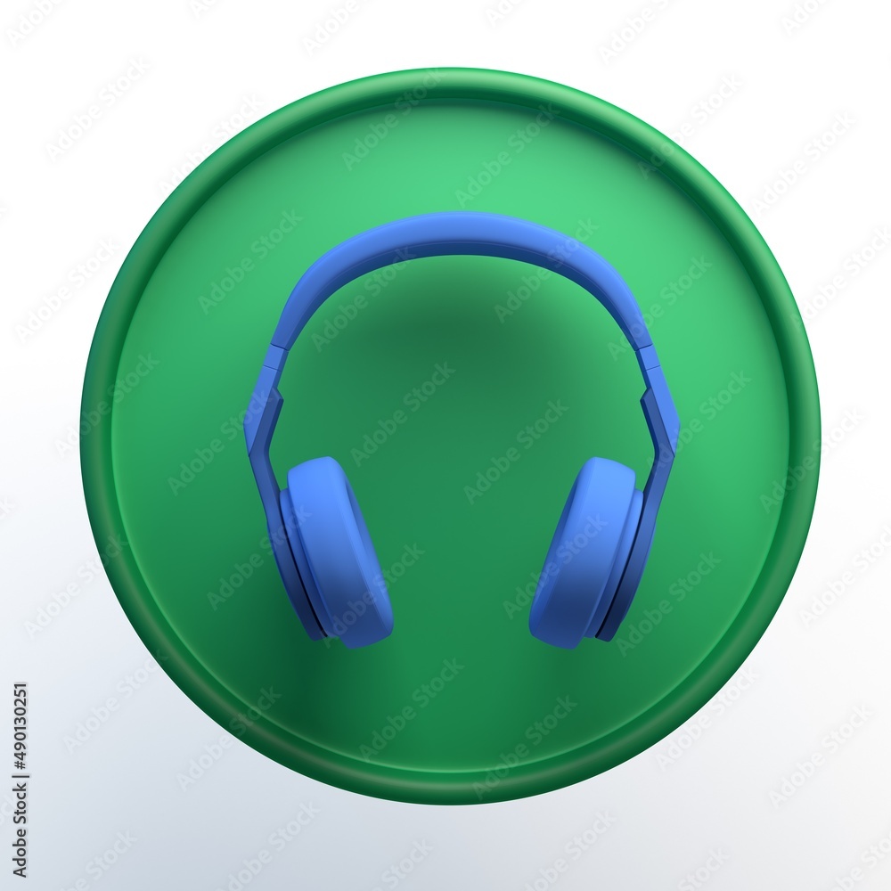 Music icon with headphones on isolated white background. 3D illustration. App. Music icon with headphones on isolated white background. 3D illustration. App.