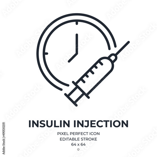 Insulin injection and diabetes treatment concept editable stroke outline icon isolated on white background flat vector illustration. Pixel perfect. 64 x 64.