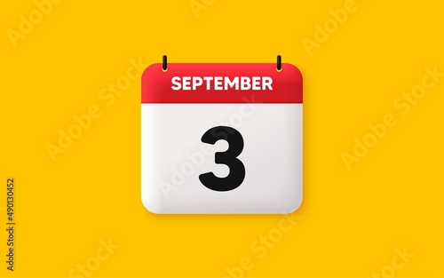 Calendar date 3d icon. 3rd day of the month icon. Event schedule date. Meeting appointment time. Agenda plan, September month schedule 3d calendar and Time planner. 3rd day day reminder. Vector