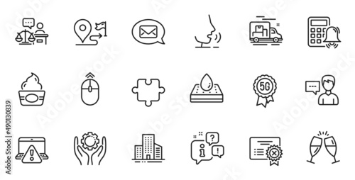 Outline set of Person talk, Online warning and Ice cream line icons for web application. Talk, information, delivery truck outline icon. Include Messenger, 5g technology, Swipe up icons. Vector