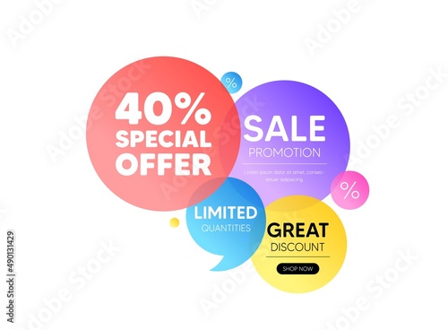 Discount offer bubble banner. 40 percent discount offer tag. Sale price promo sign. Special offer symbol. Promo coupon banner. Discount round tag. Quote shape element. Vector