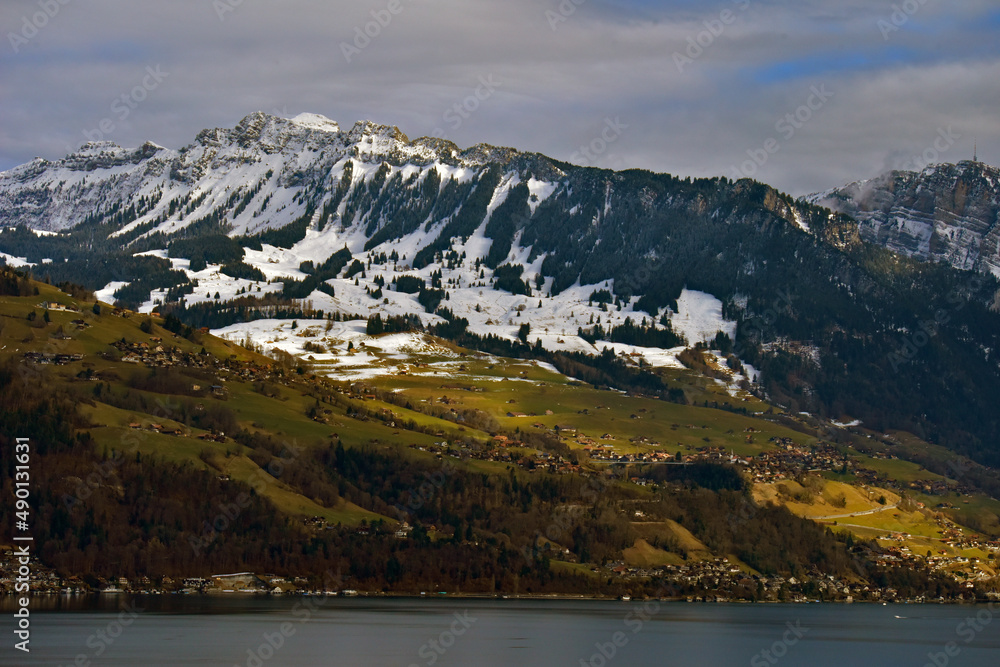 View on Lake Thun with mountains in the Swiss