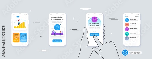 Set of Search document, Demand curve and Sale tags line icons. Phone ui interface. Include Mobile devices, Incoming mail, Wallet icons. 5g wifi, Voting hands, Analytical chat web elements. Vector