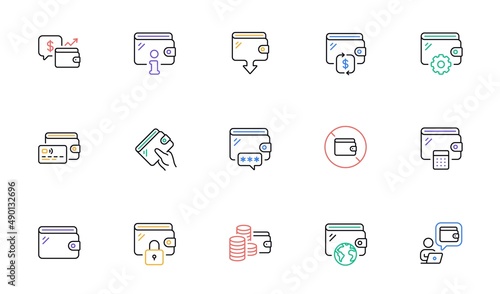 Wallet line icons. Money transfer, Credit card payment, Withdraw funds icons. Cash purse, Money access and online Wallet. Money commerce, Deposit transfer and Calculate cash budget. Vector