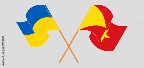 Crossed and waving flags of Ukraine and Tigray