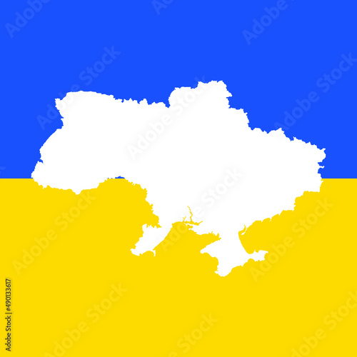 Illustration - silhouette of Ukraine in white on national colors of Ukraine in background