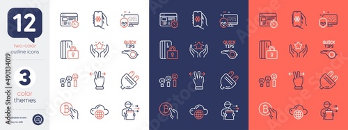 Set of Cyber attack, Blocked card and Air conditioning line icons. Include Tutorials, Customer satisfaction, Bitcoin pay icons. Web timer, Electric plug, Cloud computing web elements. Vector
