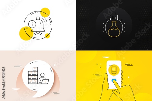Minimal set of Chemistry experiment, Inventory and Information bell line icons. Phone screen, Quote banners. Refrigerator icons. For web development. Vector