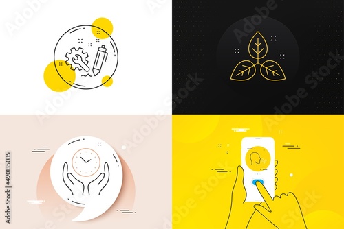Minimal set of Safe time, Fair trade and Engineering line icons. Phone screen, Quote banners. Breathing exercise icons. For web development. Hold clock, Leaf, Construction. Breath. Vector