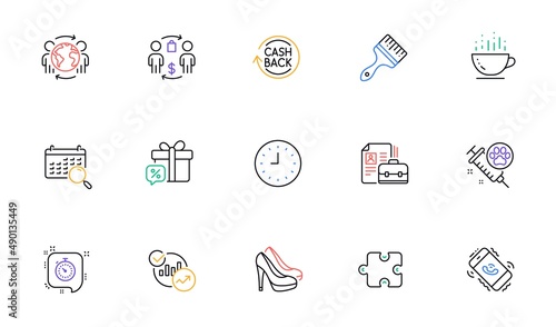 Cashback, Buying process and Shoes line icons for website, printing. Collection of Search calendar, Vacancy, Statistics icons. Coffee cup, Timer, Dog vaccination web elements. Brush. Vector