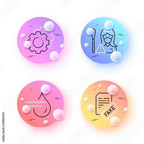 Settings gears, Fake news and Nurse minimal line icons. 3d spheres or balls buttons. Hydroelectricity icons. For web, application, printing. Technology process, Wrong fact, Swab test. Vector