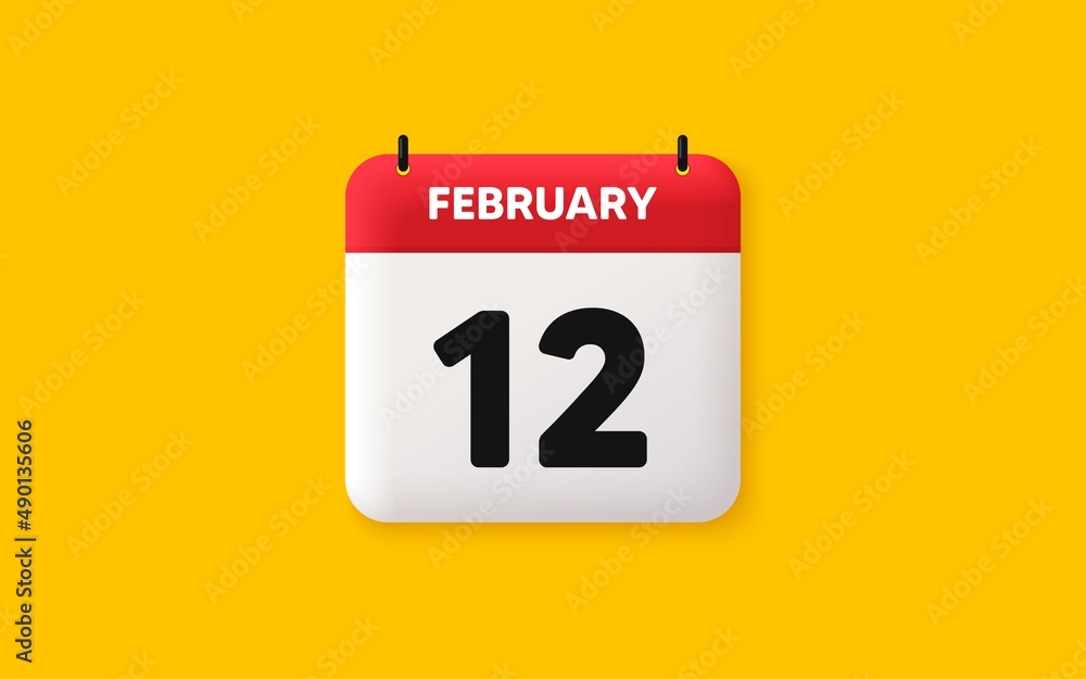 Calendar date 3d icon. 12th day of the month icon. Event schedule date. Meeting appointment time. Agenda plan, February month schedule 3d calendar and Time planner. 12th day day reminder. Vector Calendar date 3d icon. 12th day of the month icon. Event schedule date. Meeting appointment time. Agenda plan, February month schedule 3d calendar and Time planner. 12th day day reminder. Vector