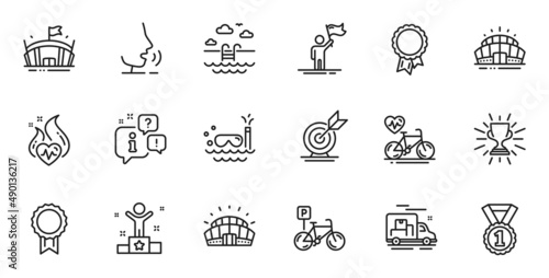 Outline set of Arena stadium, Scuba diving and Arena line icons for web application. Talk, information, delivery truck outline icon. Include Swimming pool, Best rank, Winner icons. Vector